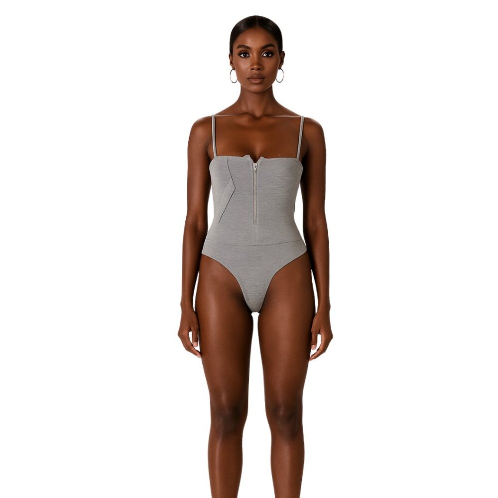 Zip Front Bodysuit - Heather Gray - S, M, L
